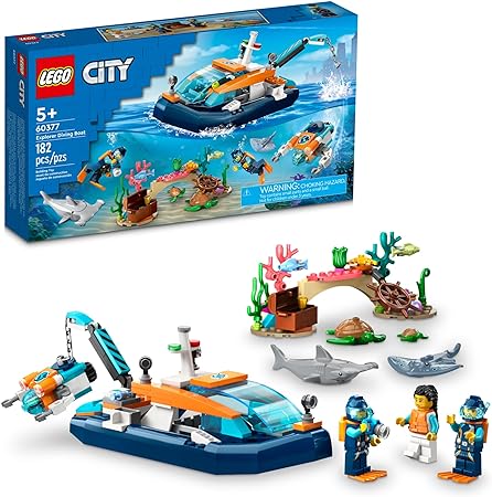 LEGO City Explorer Diving Boat 60377 Ocean Building Toy with Coral Reef, Mini-Submarine, 3 Minifigures and Manta Ray, Shark, Crab, 2 Fish and 2 Turtle Figures, Build and Be Inspired by LEGO Masters