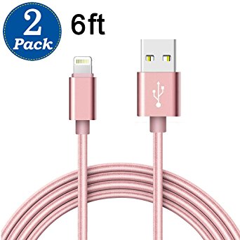 Lightning Cable, 2 Pack 6FT Durable iPhone Charger Cable Nylon Braided Sync and Charging Cord for iPhone 6/6s/6 plus/6s plus, 5c/5s/5, iPad Air/Mini,iPod Nano/Touch (Rose)