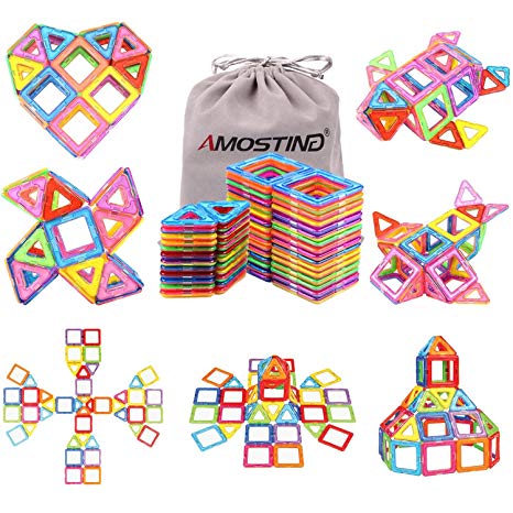 AMOSTING Magnetic Blocks for Kids, 56 Pcs Magnet Building Tiles Block Construction Toys, Creativity Kids Educational Toys Brain Games for Kids with Guide Booklet for Edutainment Gift ( Carrying Bag)