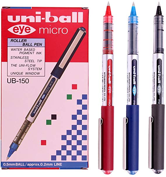 Uni-ball Eye Micro Ub-150 Gel Ink Pen - 0.5 Mm -Uni Mitsubishi Pencil (Black,Blue,Red Mix) 12 Pens