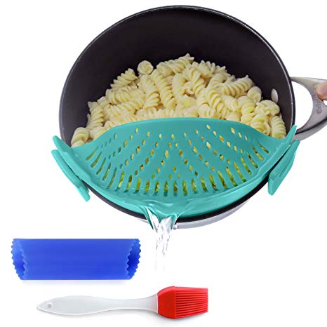 Snap strainer, colander and sieve snaps on bowls, pots and pans in the kitchen, made of silicone, includes garlic peeler and basting brush by Salbree, (Aqua)