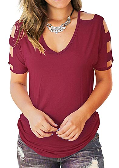 Eanklosco Womens Summer Short Sleeve Cold Shoulder Tops V Neck Basic T Shirts