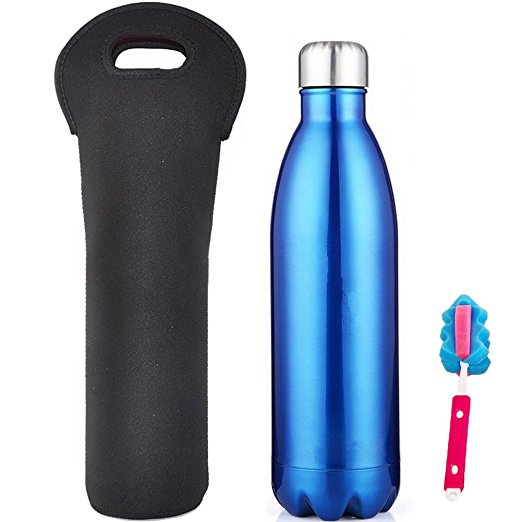 17 oz/25 oz/34 oz Double Walled Stainless Steel Water Bottle Sports Insulated Water Thermos with Free Neoprene Bottle Bag and Sponge Brush