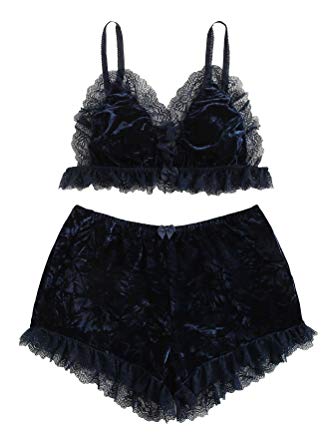 DIDK Women's Lace Trim Velvet Bralette and Shorts Pajama Set