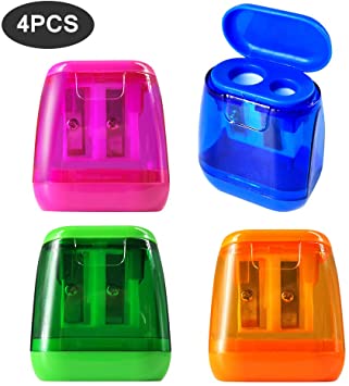 Manual Pencil Sharpeners, 4PCS Colorful Compact Dual Holes Sharpener with Lid for Kids & Adults, Portable Pencil Sharpener for Travel School Office and More