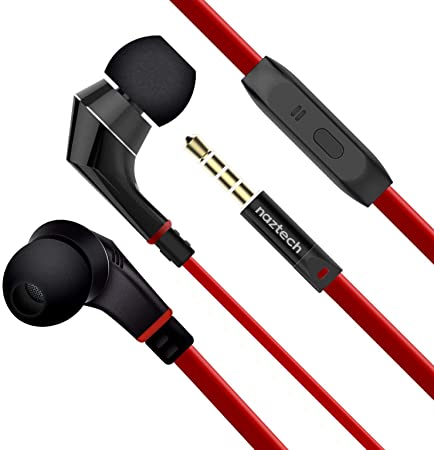 Naztech NX80 Stereo 3.5mm High Fidelity Sound Earphones. Tangle-Free Cable, in-line Noise-isolating Microphone & Control Button to Switch Between Music & Calls (Red/Black)