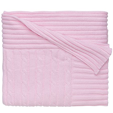Elegant Baby 100% Cotton, Wide Cable Knit Blanket with Wide Ribbed Border 36 x 45 Inch in Pastel Pink