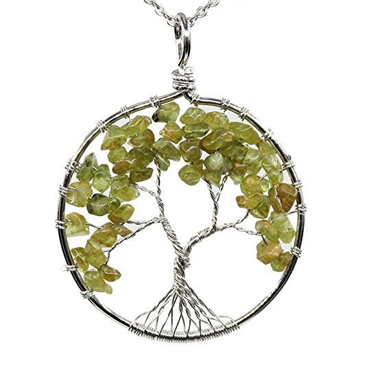 Holiday Gift! Handmade Tree Of Life Gemstone Pendant Necklace With 26" Stainless Steel Chain, Chakra Jewelry Gift For Her