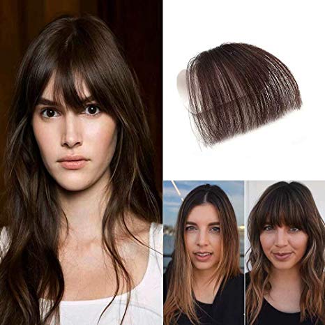 HIKYUU Dark Brown Wispy One Piece Clip in Real Hair Bangs Fringe Extensions Clip in Human Hair Piece Bangs