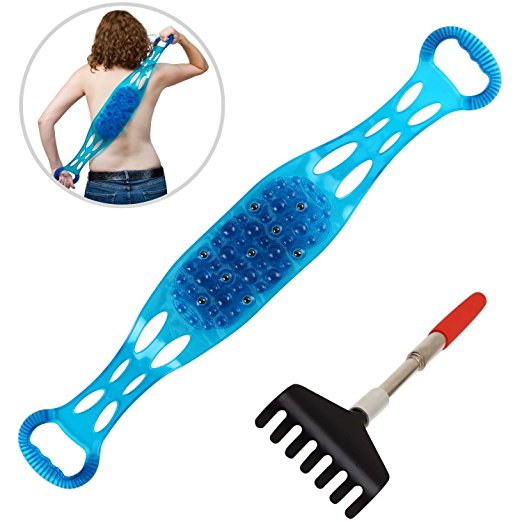 Back Scratcher Massage by FOMI | Dual Sided Body Massager for Varied Sensations (Rolling Balls/Soft Hair) | For Office, Home, Shower, Bath | Plus Bonus Extendable Back Scratcher