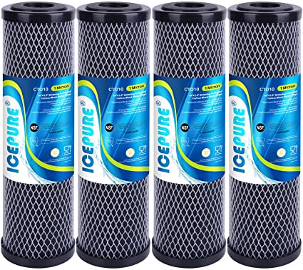 ICEPURE 1 Micron 2.5" x 10" Whole House CTO Carbon Sediment Water Filter Cartridge Compatible with Dupont WFPFC8002, WFPFC9001, SCWH-5, WHCF-WHWC, WHCF-WHWC, FXWTC, CBC-10, RO Unit, Pack of 4