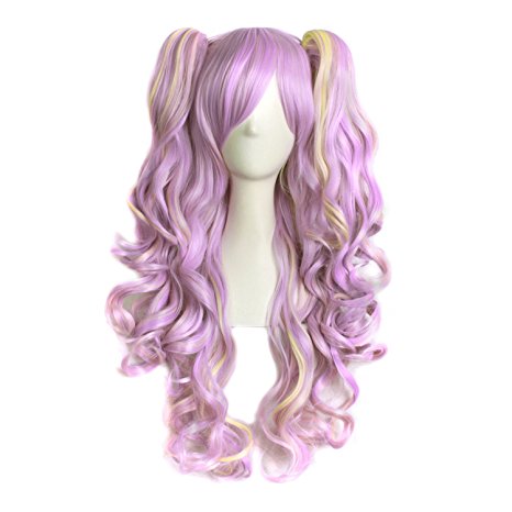 MapofBeauty Multi-color Lolita Long Curly Clip on Ponytails Cosplay Wig (Light Purple/ Blonde)