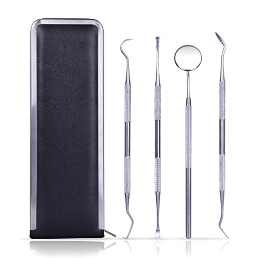 XREXS Dental Prepared Teeth Cleaning Tools Hygiene Kit Remove tartar 4 Piece Mouth Mirror，Tooth Pick，Tarter Scraper and Dental Scaling Personal Use& Dentist