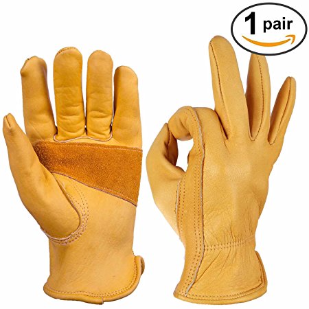 Leather Work Gloves Ozero Grain Cowhide Glove for Motorcycle, Driving, Yard, Gardening - Perfect Fit - Good Grip Palm Padding - Elastic Wrist - 1 pair (Extra Large)