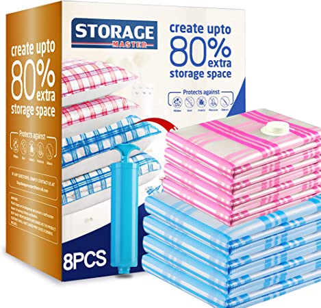 Storage Master Space Saver Bags for Travel and Home Reusable Vacuum Storage Bags Save 80% More Storage Space Work with Vacuum Cleaner + Travel Hand Pump (8 Pack + Hand Pump)