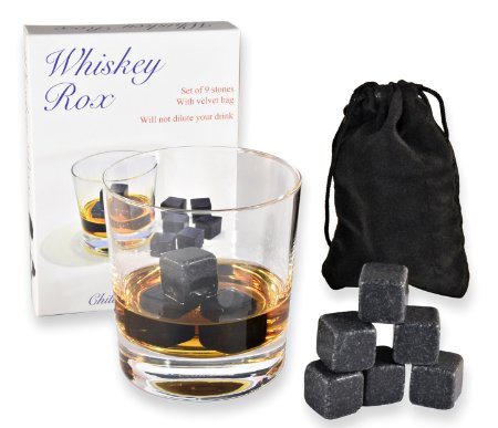 WHISKEY ROX - BLACK WHISKEY STONES (Set of 9) - Natural Polished Black Granite Stone - Reusable Scotch Rocks - Premium Whisky Chilling Cubes - Better Than Ice - Gift Box - BONUS: Black Velvet Pouch