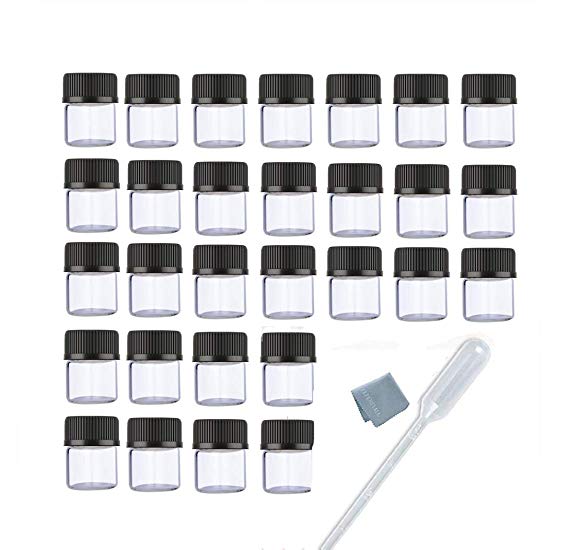 ELFENSTALL- 50PCS Set 1ML 1/4 Dram Mini Clear Glass Essential Oils Sample Bottles with Black Caps for Essential Oils,Chemistry Lab Chemicals,Colognes & Perfumes. Plastic droppers as Gift
