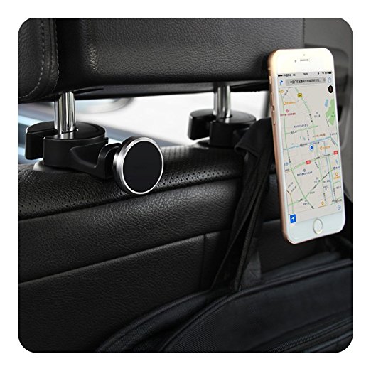 HaloVa Car Headrest Hanger, Car Phone Holder, Car Back Seat Headrest Magnetic Mount Holder for Cellphone iPad Tablet GPS, Car Hooks Storage Organizer for Bag Purse Cloth Grocery, Silver
