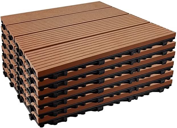 Annurssy 6 Pack Interlocking Deck Tiles 12” x 12” Wood Plastic Composites Decking Tiles Waterproof Corrosion Resistance for Walkway Balcony Patio Deck Indoor & Outdoor Flooring (6, Red-brown stripes)