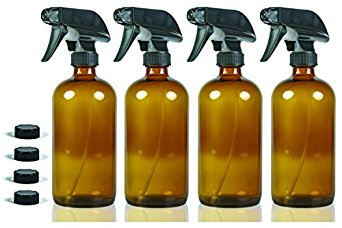 16 oz Glass Spray Bottles - NatureO Empty AMBER Spray Bottles with Trigger Sprayer and Cap - Sprays Stream or Mist - 4 pack