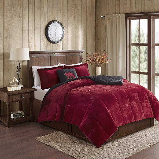 Woolrich Alton Ultra Soft Plush to Sherpa Berber Down Alternative Cold Weather Winter Warm Comforter Set Bedding, King, Red/Black