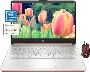 HP 2024 Newest 14" Ultral Light Laptop for Students and Business, Intel Quad-Core Processor, 8GB RAM, 64GB eMMC   128GB Micro SD, 1-Year Office 365, Wi-Fi, Long Battery Life, Win11 H in S, Rosegold