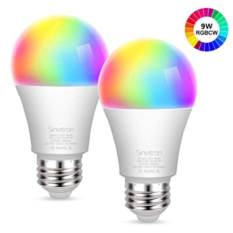 Sinvitron Led Wifi Smart Light Bulb, E26 9W Dimmable Smart Wifi Light Bulb Works with Amazon Alexa Google Home and IFTTT, No Hub Required, 900lm, RGBCW Multi-color Changing, A19 100W Equivalent 2 Pack