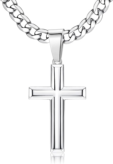 BESTEEL 925 Sterling Silver Cross Necklace for Men Women 5mm Big Beveled Edge Men's Stainless Steel Diamond Cut Durable Cuban Link Chain Curb Chain Crucifix Cross Pendant Necklace Jewelry Gifts 16-30 Inches