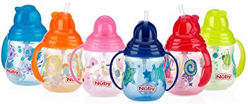 Nuby 1-Pack Designer Series No Spill Flip N' Sip Twin Handle Cup with Weighted Straw , 9 oz -  Colors May Vary