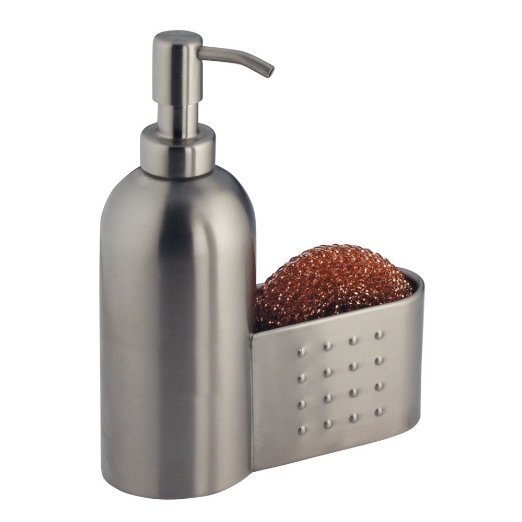 InterDesign Forma Kitchen Countertop Stainless Steel Soap Dispenser Pump and Sponge & Scrubby Caddy Organizer- Brushed