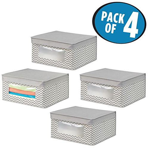 mDesign Chevron Fabric Storage Box with Clear Window and Hinged Lid, for Clothing, Blankets, Accessories – Pack of 4, Taupe/Natural