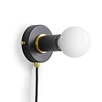 BRIGHTTIA Matte Black Plug-In Simple Ring Wall Sconce Light - Brushed Brass Color Accents - Modern Minimalist Light - Mid Century Industrial Exposed Bulb Wall Lamp - 16’ Black Fabric Cord - BW0005-1BP