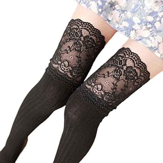 Voberry Women Socks Straight Tube Stockings Lace Trim Leg Warmer Sock