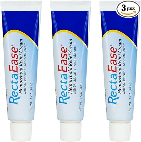 Globe (3 Pack) RectaEase 5% Lidocaine Hemorrhoid Relief Cream 1 oz Tube, Anorectal Cream, Rapid Numbing Relief, Hemorrhoid Treatment from Itch and Burn (Free Finger Cots)