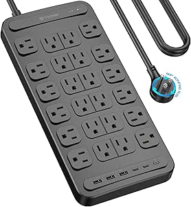 TROND Surge Protector Power Strip, 360° Rotating Flat Plug, 24 AC Outlets, 6 USB Ports Total 37W, 4000 Joules, ETL Listed, 6ft Heavy Duty Extension Cord 1875W for Gaming Dorm Room Essentials Black