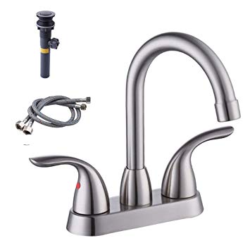 Kes cUPC NSF Certified Brass Two Handle Bathroom Faucet with Drain Assembly Lavatory Vanity Sink Faucet 4-Inch Centerset Morden Square Hotel Style Brushed Nickel, L4108A2LF-BN