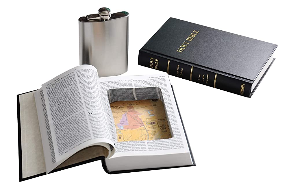 Bible Book Safe w/ 8oz Hidden Flask - Funny Gift - Genuine Bible with Real Pages - Secret Hollow Diversion Storage Stash - Preacher Atheist Priest Pastor