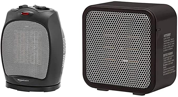 AmazonBasics 1500W Oscillating Ceramic Heater with Adjustable Thermostat, Black & 500-Watt Ceramic Small Space Personal Mini Heater - Black