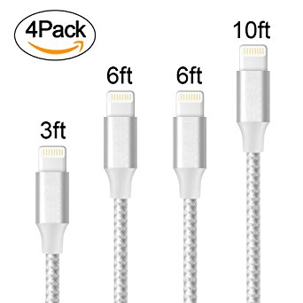 Lightning Cable,XUZOU iPhone Charger 4Pack 3FT 6FT 6FT 10FT to USB Syncing and Charging Cable Data Nylon Braided Cord Charger for iPhone 7/7 Plus/6/6 Plus/6s/6s Plus/5/5s/5c/SE and more (Silver&White)