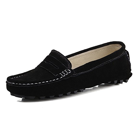 SUNROLAN Casual Women's Suede Leather Driving Moccasins Slip-On Penny Loafers Boat Shoes Flats