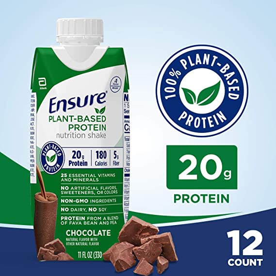 Ensure 100% Plant-Based Vegan Protein Nutrition Shakes with 20g Fava Bean and Pea Protein, Chocolate, 11 fl oz, 12 Count