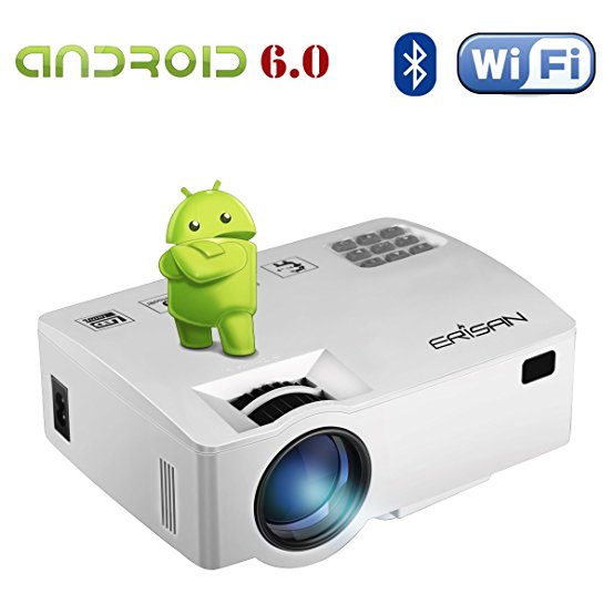 ERISAN Android 6.0 Projector(Warranty Included), Built-in WiFi Bluetooth Mini Smart Video Beam, Portable Multimedia LED Proyector for Movie Video Games APP (White)