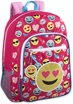 Girls Full Size 17 Inch Pink Emoji Backpack With Water Bottle Holder, Bonus Keychain and Glitter Applique (Pink)