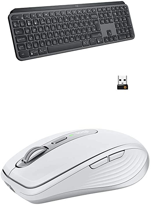 Logitech MX Keys Advanced Wireless Illuminated Keyboard - Graphite with Anywhere 3 Compact Performance Mouse, Wireless, Comfort, Fast Scrolling - Pale Grey