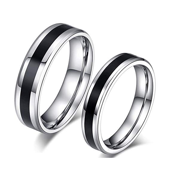 ROWAG Black 6MM Mens Titanium Stainless Steel Couple Rings for Him and Her 4MM Womens Valentines Day Wedding Promise Engagement Bands