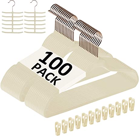 VECELO Premium Velvet Clothes Hangers Suit Heavy Duty (100 Pack)-Non Slip & Space-Saving with 12 Finger Clips & 2Tie Rack Excellent for Men and Women,Beige