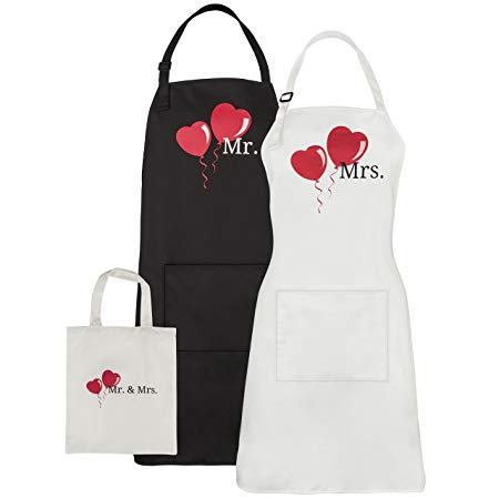 Let the Fun Begin Mr. and Mrs. Aprons Couples Wedding Engagement Gifts, His Hers Bridal Shower Anniversary Set, with Gift Bag (No Year)
