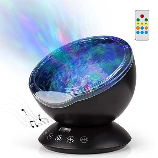 GoLine Ocean Wave Projector Lamp with Built-in Music Player, Remote Control 4 Sounds&7 Lights&12 LED Beads Projection Nightlight for Kids Bedroom, 1H/2H/4H Timer, TF Slot, 3.5mm Aux-in.(NL020-BK)