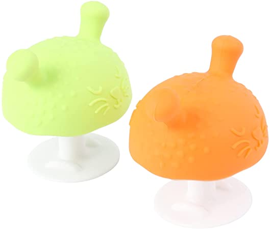 DOITOOL 2pcs Infant Soothing Teether Toy Silicone Mushroom Molar Teeth Soother for Sucking, Pulling Needs (Orange, Green, Random Pattern)