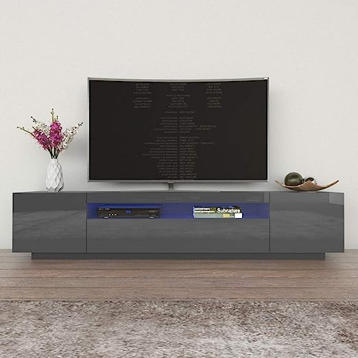 MEBLE FURNITURE & RUGS Miami 200 TV Stand for TVs up to 90", Modern High Gloss 79" Entertainment Center, TV Media Console with Storage Cabinets and LED Lights